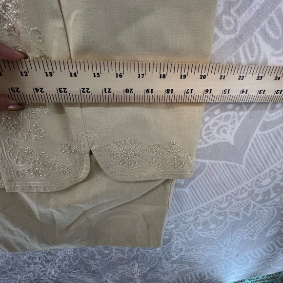 KARIN STEVENS LINEN BLEND DRESS 12 VINTAGE GRANDMA EMBROIDERY KAHKI TAN 582 - Picture 7 of 8